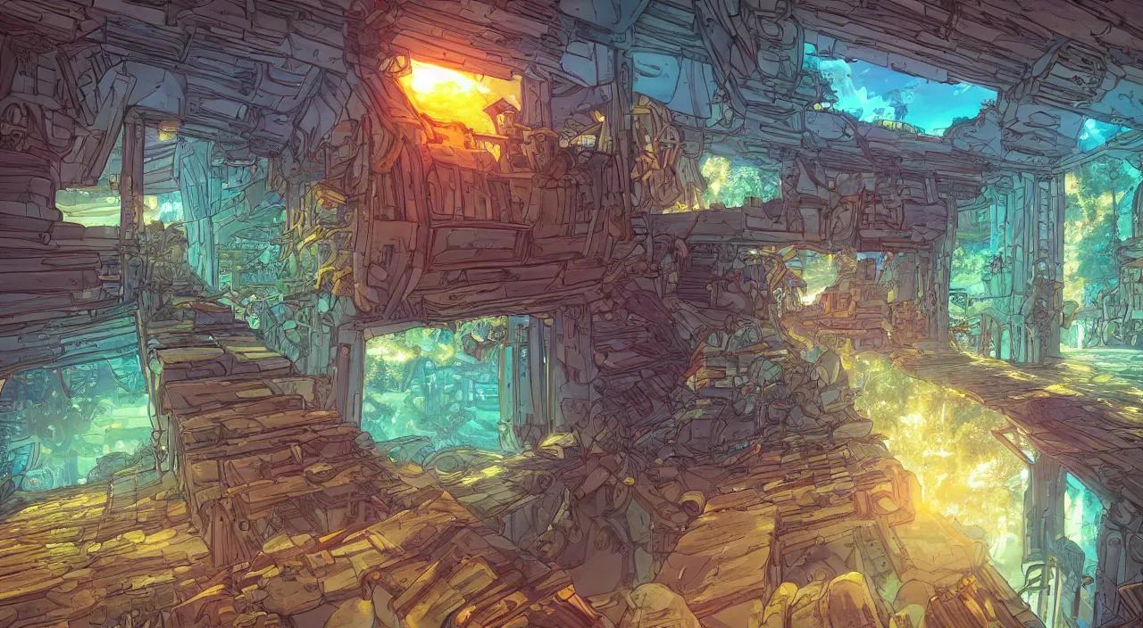 Image similar to open door wood wall fortress airship greeble block amazon jungle on portal unknow world ambiant fornite colorful radiating a glowing aura global illumination ray tracing hdr that looks like it is from borderlands and by feng zhu and loish and laurie greasley, victo ngai, andreas rocha, john harris