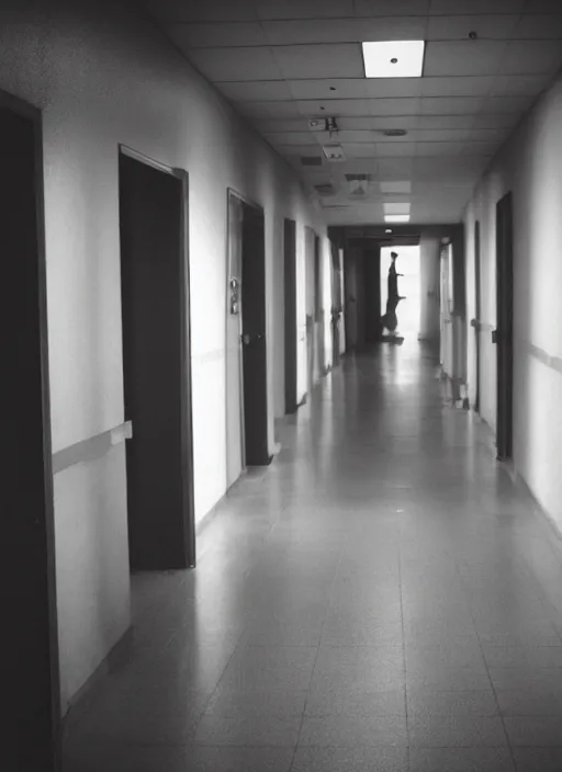 Prompt: hospital hallway with a devilish demon at the end, back rooms, liminal horror, uncanny valley, found footage horror movie, shot on expired kodak tri - x film, extremely unsettling