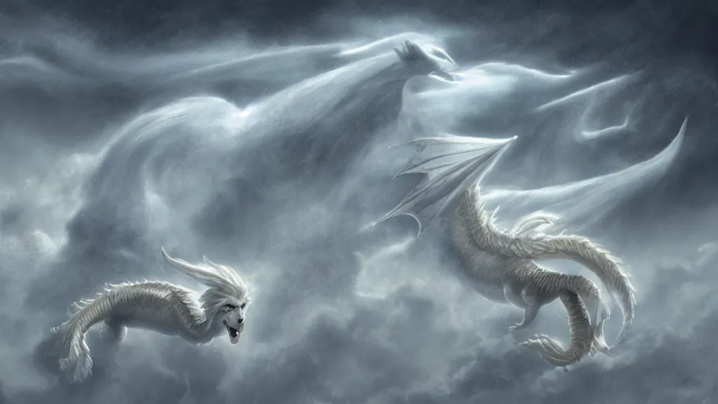 Prompt: falcor the long - bodied luck dragon flying through an epic storm called the nothing. the neverending story. rutkowski. melancholy undertones. deviantart. artstation. 3 8 4 0. 2 1 6 0.