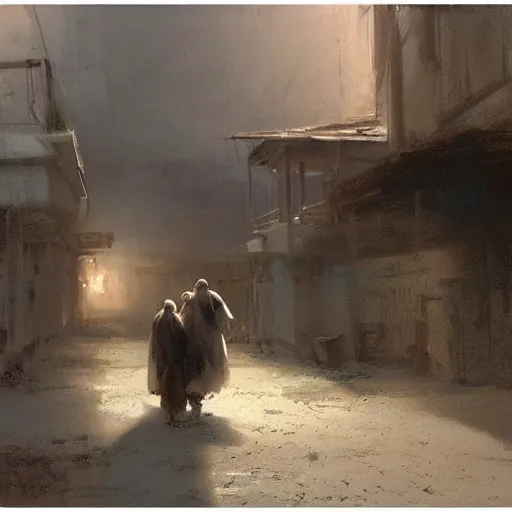 Image similar to pastel on canvas of Mary and Joseph being turned away from an inn at night, pack animals in the background, crowded city streets, ancient setting, looming desert walls, by Jeremy Mann, earthy tones, serious, anxiety, realistic, stylized, detailed, loose brush strokes