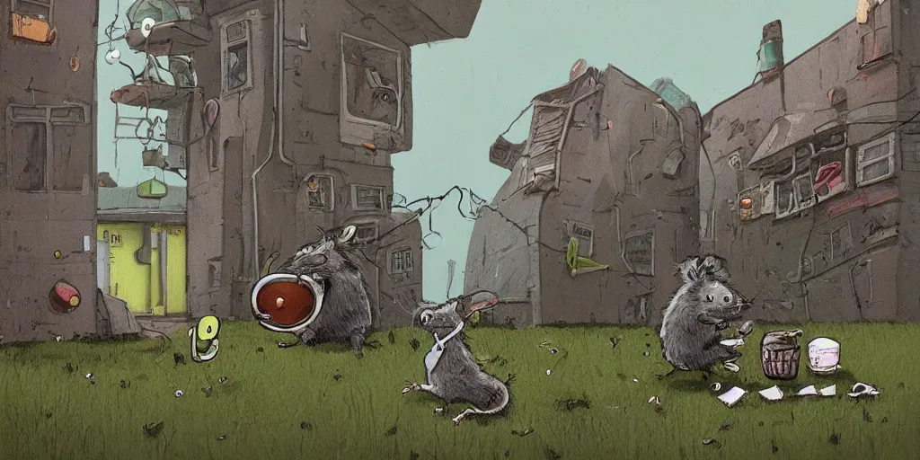 Image similar to gray, fluffy rat eating avocado, in the style of Simon Stålenhag  -H 1024