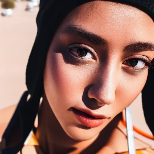 Image similar to photographic portrait of a streetwear woman, closeup, on the rooftop of a futuristic city overlooking a desert oasis, sigma 85mm f/1.4, 4k, depth of field, high resolution, 4k, 8k, hd, full color