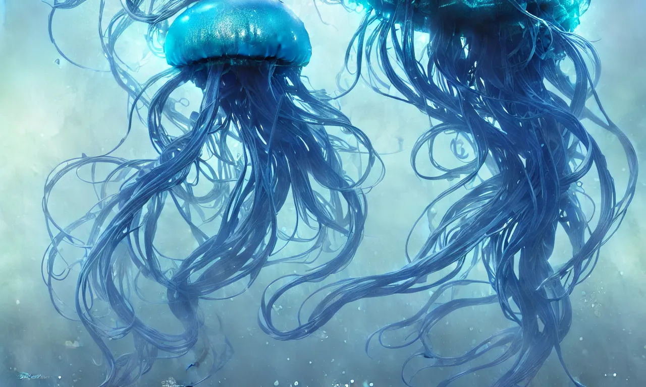 Prompt: yberpunk jellyfish, blue tones, underwater, 360, highly detailed, digital painting, artstation, concept art, smooth, sharp focus, illustration, art by greg rutkowski and alphonse mucha