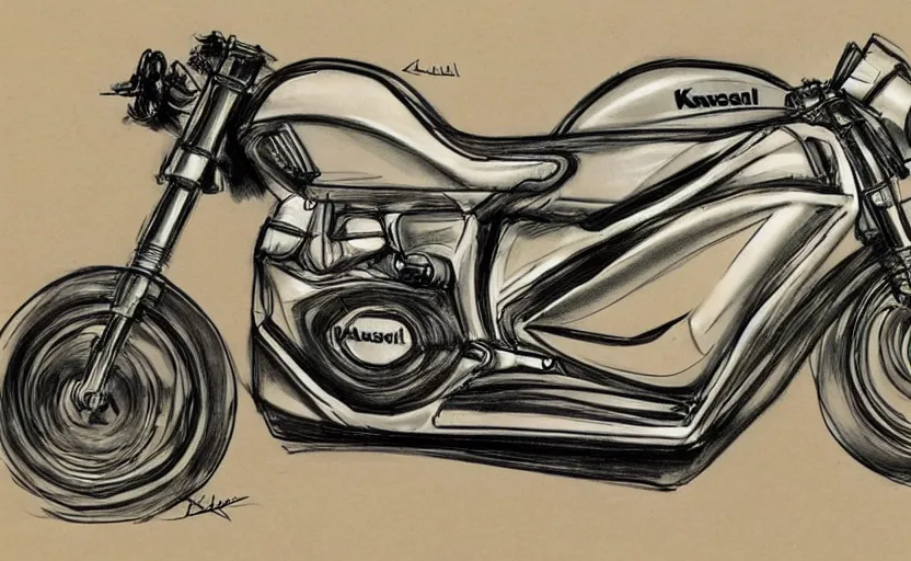 Prompt: 1 9 7 0 s kawasaki sport motorcycle concept, sketch, art,