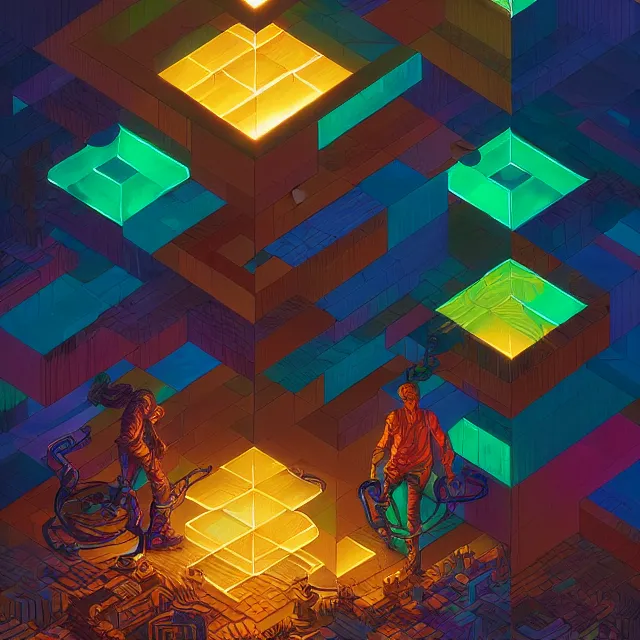 Image similar to glowing blocks tied together with chains, centered, symmetry, painted, intricate, volumetric lighting, beautiful, rich deep colors masterpiece, sharp focus, ultra detailed, in the style of dan mumford and marc simonetti