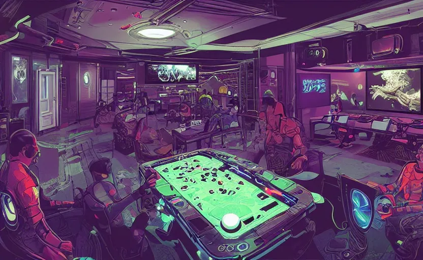 Prompt: two alien playing game at its spacious gaming room, hi - tech gaming setup, intricate, led lights, retrowave, indoor, spacious, artstation, art by austin briggs and artgerm