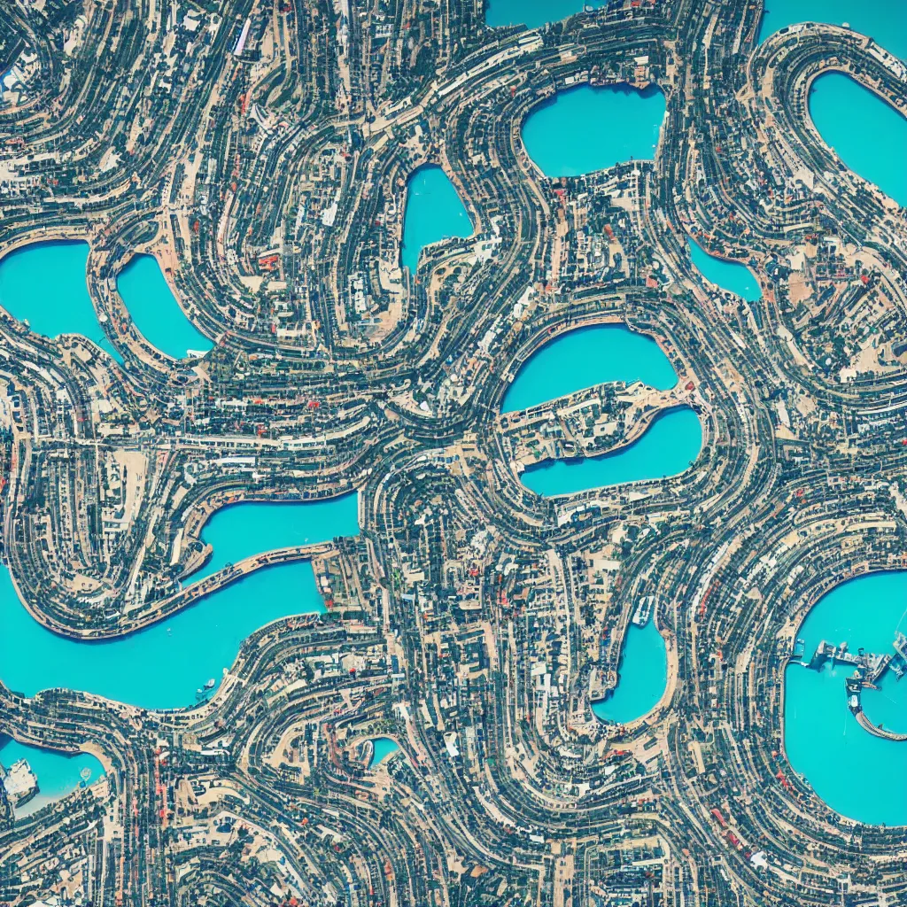 Image similar to F1 racetrack over pools of bright blue water, birds eye view