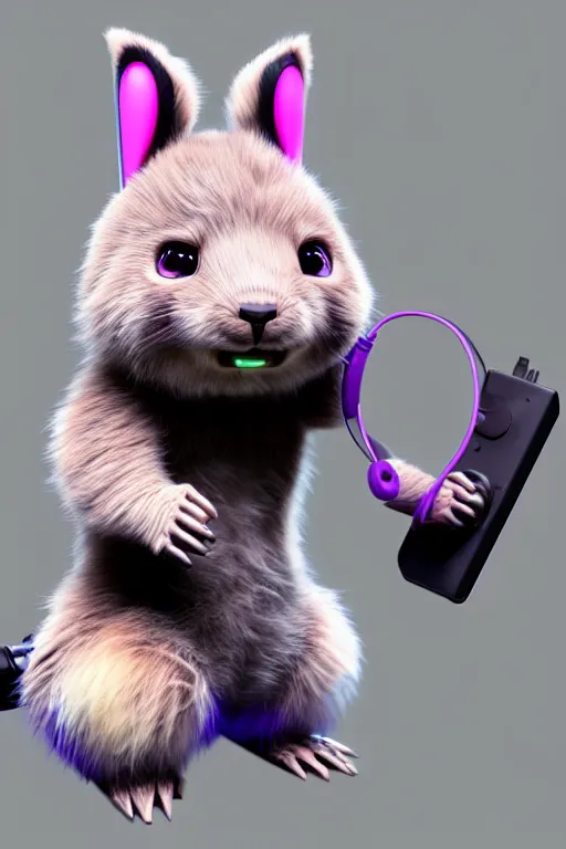 Image similar to high quality 3 d render neo - cyberpunk very cute half fluffy! wombat!! half cyborg with headphones, mechanical paw, highly detailed, unreal engine cinematic smooth, in the style of detective pikachu, hannah yata charlie immer, neon purple light, low angle, uhd 8 k, sharp focus