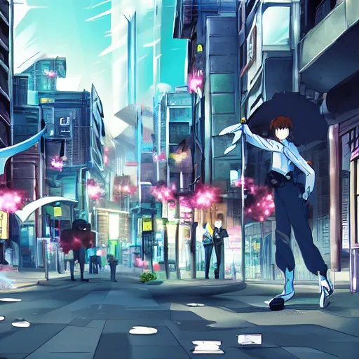 Image similar to futuristic city street with people fighting, anime style