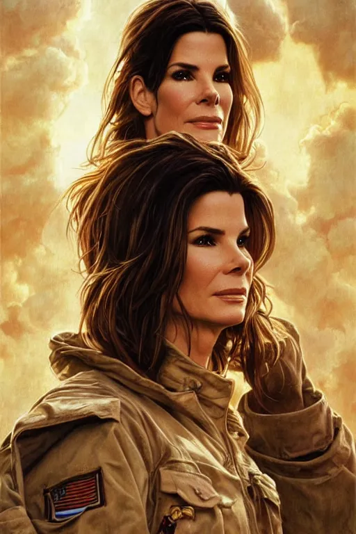 Prompt: sandra bullock in the movie independence day 1 9 9 6, realistic portrait, symmetrical, highly detailed, digital painting, artstation, concept art, smooth, sharp focus, illustration, cinematic lighting, art by artgerm and greg rutkowski and alphonse mucha