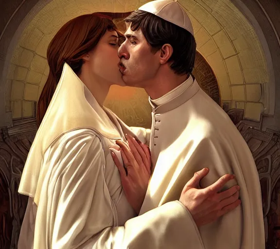Image similar to photography of a pope kissing the breast of a sensual woman, deep focus, intricate, elegant, highly detailed, digital painting, artstation, concept art, matte, sharp focus, illustration, art by artgerm and greg rutkowski and alphonse mucha