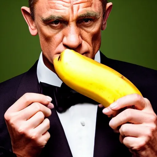 Image similar to james bond holding a banana, facing camera