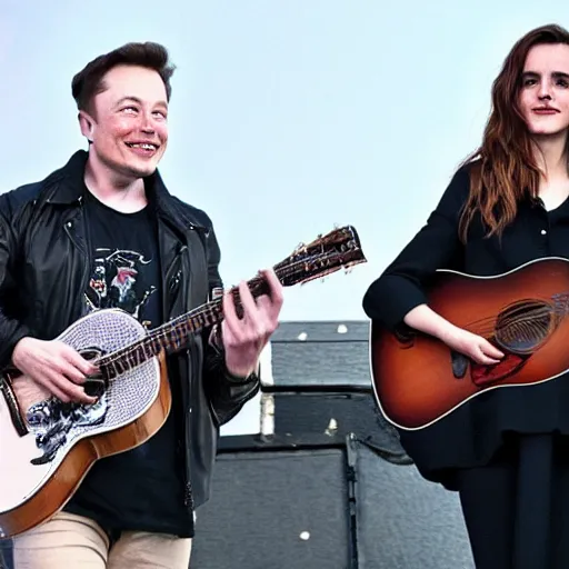 Image similar to elon musk & emma watson performing at woodstock