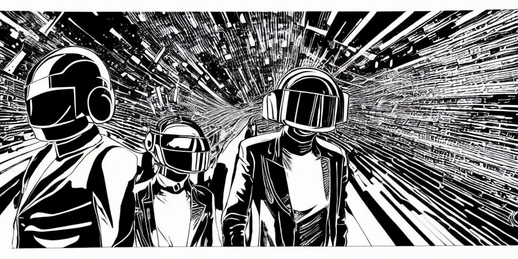 Image similar to detailed black ink manga artwork of 2 Daft Punk robot rock using Apple notebook Macbook at an underground warehouse rave in Ibiza, playing techno house music, thousands of beautiful girls in bikini dancing, in the style of manga illustration, wires, speakers, black and white ink