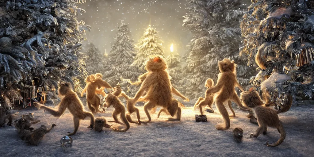 Image similar to Intricate detailed illustration, white-furred humanoid creatures fighting monkeys in front of a christmas tree, cinematic lighting, by Philip Hood, wide angle, volumetric light scattering, 8k, artstation, concept art,