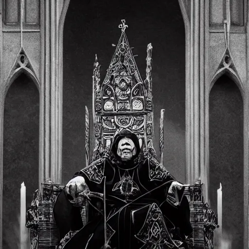 Image similar to an ultra detailed black and white tarot card of the evil patriarch with pitch black eyes wearing his royal robes and sitting imperiously on his throne high in the cathedral, concept art, incense smoke drifting through the air, portrait, artstation, volumetric lighting, exquisite detail, octane render, 8 k postprocessing, art by john collier and albert aublet