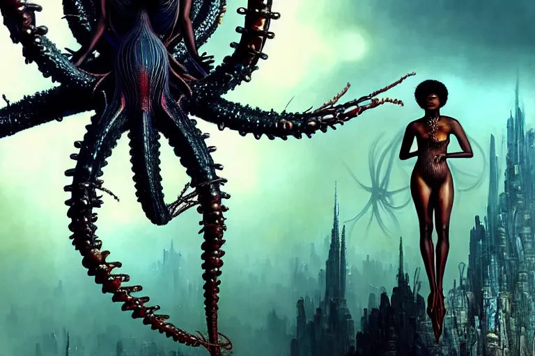 Image similar to realistic detailed closeup portrait movie shot of a beautiful black woman riding a giant spider, dystopian city landscape background by denis villeneuve, amano, yves tanguy, alphonse mucha, max ernst, ernst haeckel, edward robert hughes, roger dean, cyber necklace, rich moody colours, sci fi patterns, wide angle