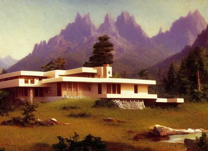 Image similar to painting of a frank lloyd wright house in front of beautiful mountains by albert bierstadt