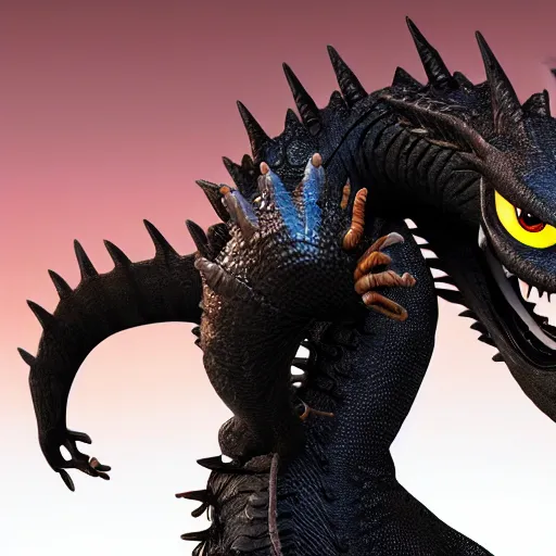 Image similar to black dragon new pixar dreamworks character, highly detailed, extremely high quality, hd, 4 k, 8 k, professional photographer, 4 0 mp, lifelike, top - rated, award winning, cinematic, realistic, detailed lighting, detailed shadows, sharp, no blur, edited, corrected, trending - w 8 3 2