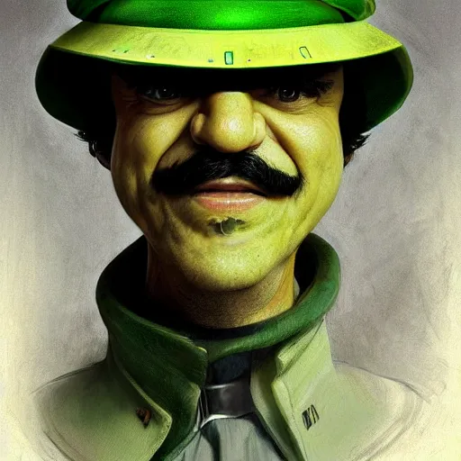 Image similar to hyper realistic, realistic - anime, portrait, beautifully rendered, italian garb the future, scifi, caricature, luis guzman as luigi wearing green, smirking deviously, luigi, luigi's nose, painted by gustave courbet, greg rutkowski, wlop, artgerm, dishonored 2,