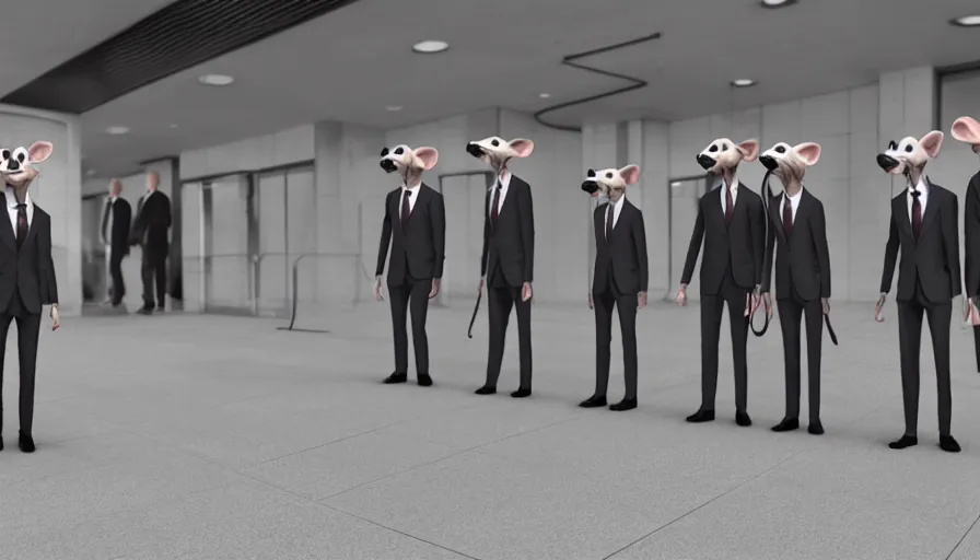 Image similar to anthropomorphic rats in suits waiting for the train, photorealistic rendering, concept art