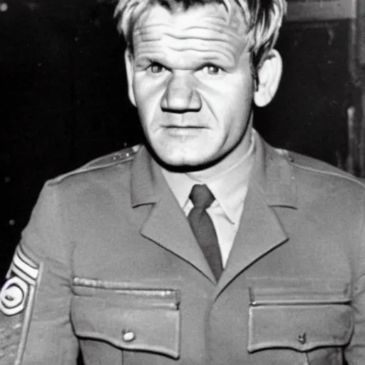 Image similar to Gordon Ramsay as a soldier in WW2, grainy monochrome photo