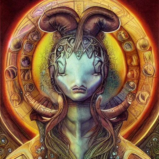 Prompt: aries zodiac artwork, mystic style, detailed, 8 k, symmetrical, by brian froud