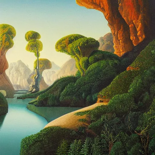 Image similar to painting of a lush natural scene on an alien planet by gerardo dottori. extremely detailed. futurism. beautiful landscape. weird vegetation. cliffs and water.