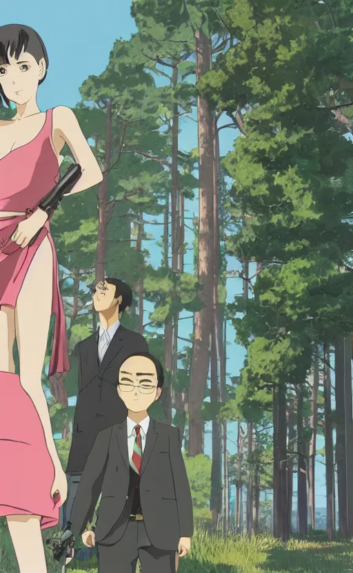 Image similar to gta5, by studio ghibli, anime style, girl next to a japanese crane bird in japanese pines, trading card front, kimono, realistic anatomy, concept art, sun in the background