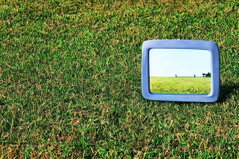 Prompt: film color photography, long view of square hand mirror lies at the green lawn, no focus, 35mm