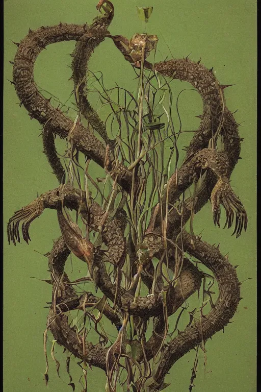 Image similar to a carnivorous plant with a long vine and the head of a alligator, vicious snapping alligator plant, side view of a plant showing roots stem and bud, plant photograph showing roots underground and plant aboveground, cutout photograph of a plant