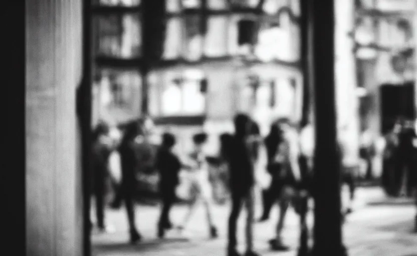 Prompt: curious situation, analogue photo quality, blur, unfocus, monochrome, 35mm