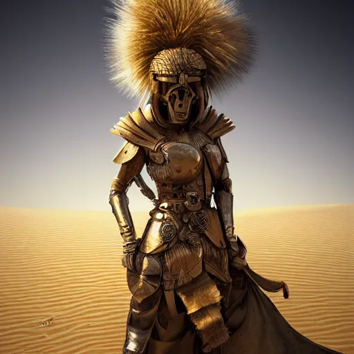 Image similar to illustration, hussar, desert, dusty, natural lighting, golden color of the sun, armor, details, photo realistic, winner of the year's best photo