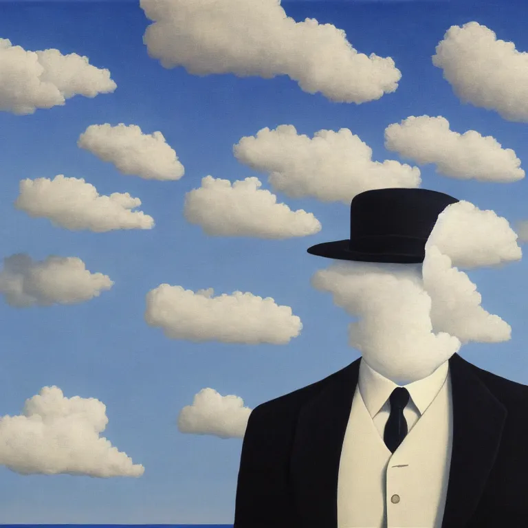 Image similar to portrait of a faceless shadow - head man in a suit, clouds in the background, by rene magritte, detailed painting, distance, middle centered, hd, hq, high resolution, high detail, 4 k, 8 k