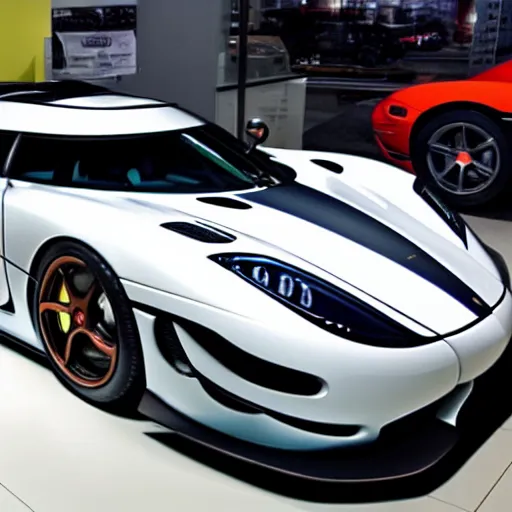 Image similar to a Koenigsegg Agera R with a anime livery in a showroom