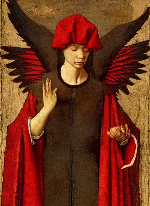 Prompt: Flying Fallen Angel with wings dressed in red, Medieval painting by Jan van Eyck, Johannes Vermeer, Florence