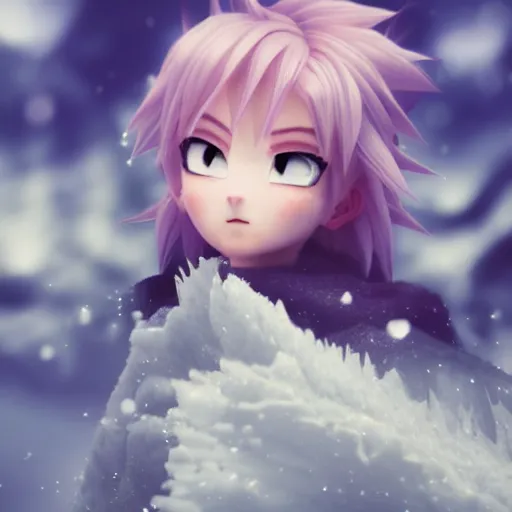 Prompt: portrait focus of ( ( angry super saiyan ) ) beautiful 3 d anime girl posing, frozen ice dark forest background, snowing, bokeh, inspired by masami kurumada, octane render, volumetric lighting