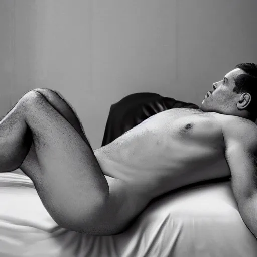 Image similar to benjamin netanyahu as a model lying seductively on bed, model photography, dynamic lighting, volumetric lighting, highly detailed, grayscale, professional