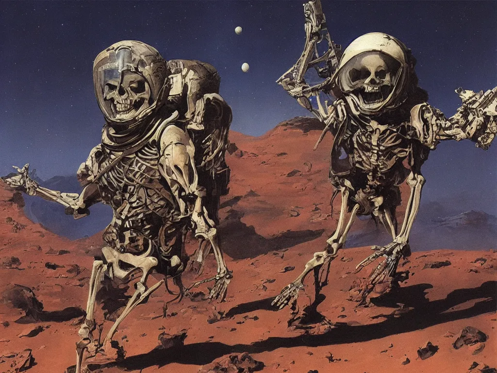 Prompt: a skeleton in spacesuit and broken helmet, Mars landscape in the background, by Frank Frazetta