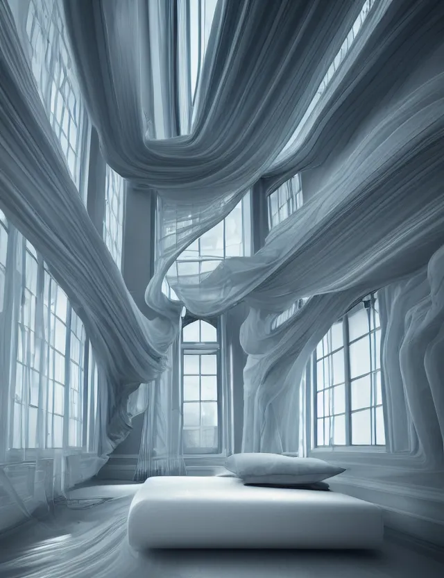 Image similar to dreamlike photo of floating bed above floor in a giant room with bright windows opening to other dimensions by andrzej sykut by lee madgewick, photorealistic, octane render, recursive, high contrast, flowing, cascading, multiverse!!!!!!, labyrinthine, optical illusion, impossible angles