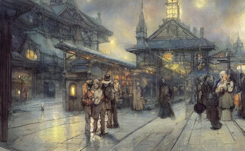 Prompt: a beautiful painting of ghosts waiting for their train at the station, detailed masterpiece by Rembrandt, Michelangelo, Moebius, Frank Frazetta, Hayao Miyazaki, Thomas Kinkade