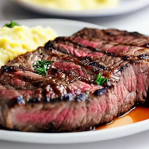 Prompt: a delicious steak, with a side of mashed potatoes, cookbook photo, good composition