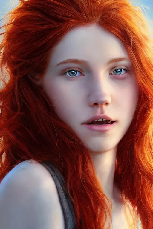 Image similar to ultra realistic style illustration of a beautiful cute red haired joyful 1 9 year old teen, full portrait, long hair, sci - fi, fantasy, intricate, elegant, digital painting, artstation, concept art, smooth, sharp focus, 8 k frostbite 3 engine, ultra detailed, art by artgerm and greg rutkowski and magali villeneuve