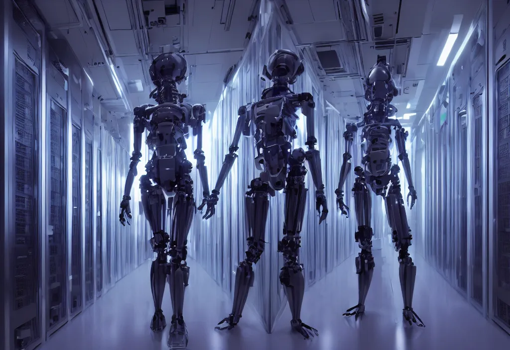 Image similar to shot of film, human like a mech, full body, in detailed server room, in data center, character design, symmetrical, vivid color, complementary color, detailed, sharp lines, trending on artstation, volumetric lighting, dramatic lighting by yoichi hatakenaka, violet, by masamune shirow, by josan gonzales, octane render 8 k