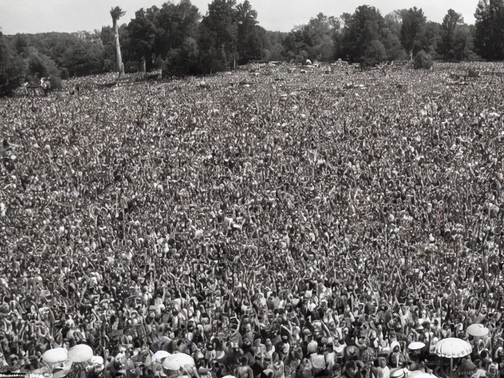 Prompt: 70s photo of trippy hippy festival Woodstock stage show with giant psychedelic mushrooms