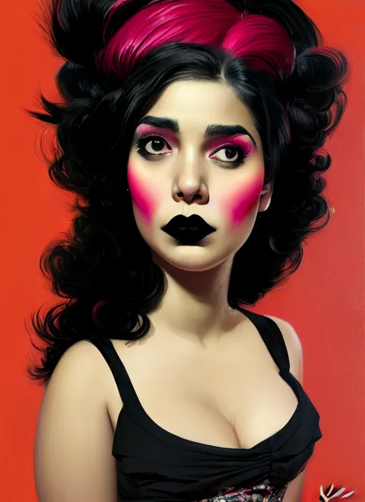 Prompt: portrait of a plump latino woman with a crooked nose and a confident expression, 1 9 6 0 s, black clothes, goth, punk, brightly coloured hair, funk, intricate, elegant, highly detailed, digital painting, artstation, concept art, smooth, sharp focus, illustration, art by wlop, mars ravelo and greg rutkowski