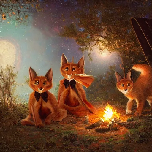 Prompt: three cute caracals wearing red bows and ties with guitar, campfire, night, atmospheric lighting, intricate, volumetric lighting, digital art, highly detailed by gaston bussiere, craig mullins, j. c. leyendecker 8 k