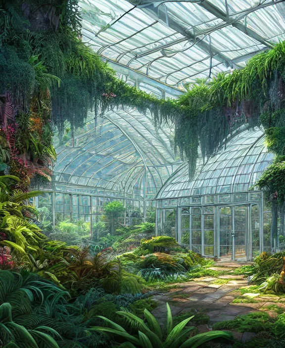 Image similar to an enormous conservatory greenhouse exterior, overgrown with exotic fungus, overgrown with huge ferns, cliff side, noon, sun drenched, partly cloudy, by dan mumford, yusuke murata, makoto shinkai, ross tran, cinematic, unreal engine, cel shaded, featured on artstation, pixiv