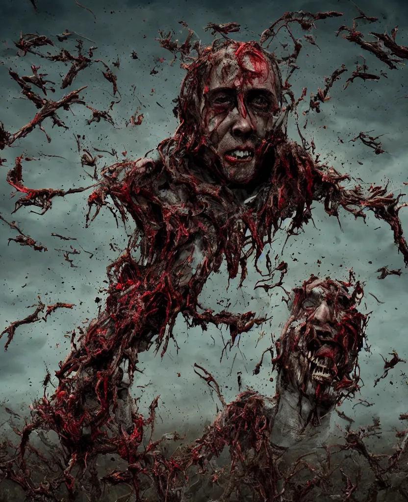 Image similar to endless field stretching to the horizon made from rotten bloody corpses of Nicolas Cage, body horror, flesh, blood, grotesque hell, highly detailed, vivid colors, dark shadows, contrast, concept art, sharp focus, digital art, Hyper-realistic, 4K, Unreal Engine, Highly Detailed, Dramatic Lighting, Beautiful, by Brom, bastien lecouffe-deharme