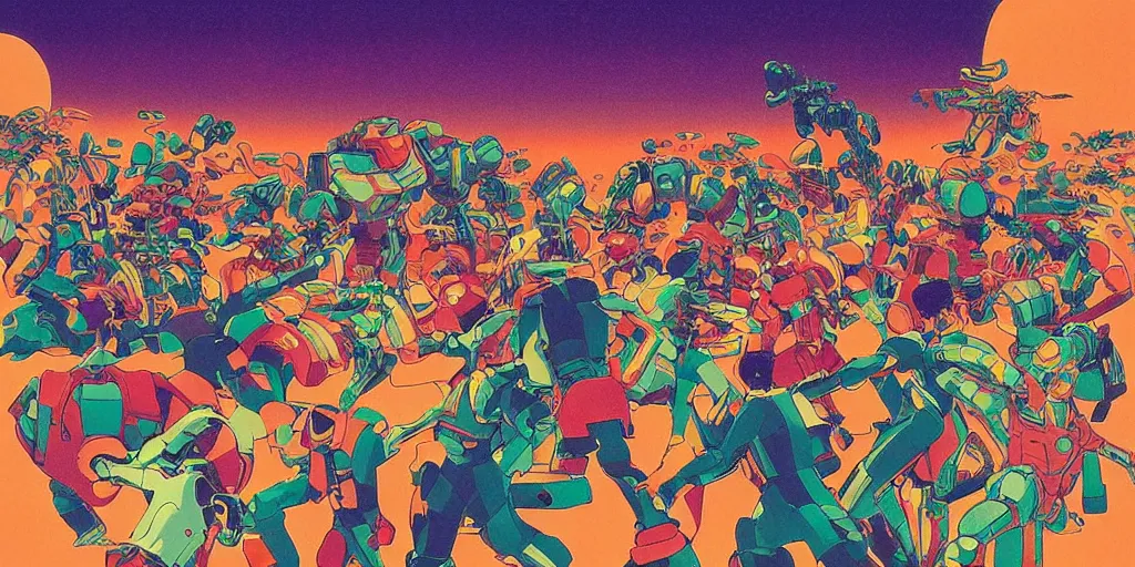 Image similar to gigantic mecha robots in a dance battle, a lot of people in disco clothes dancing, disco balls everywhere, risograph by kawase hasui, edward hopper, satoshi kon and moebius, no text!, colorful flat surreal design, super - detailed, a lot of tiny details, fullshot